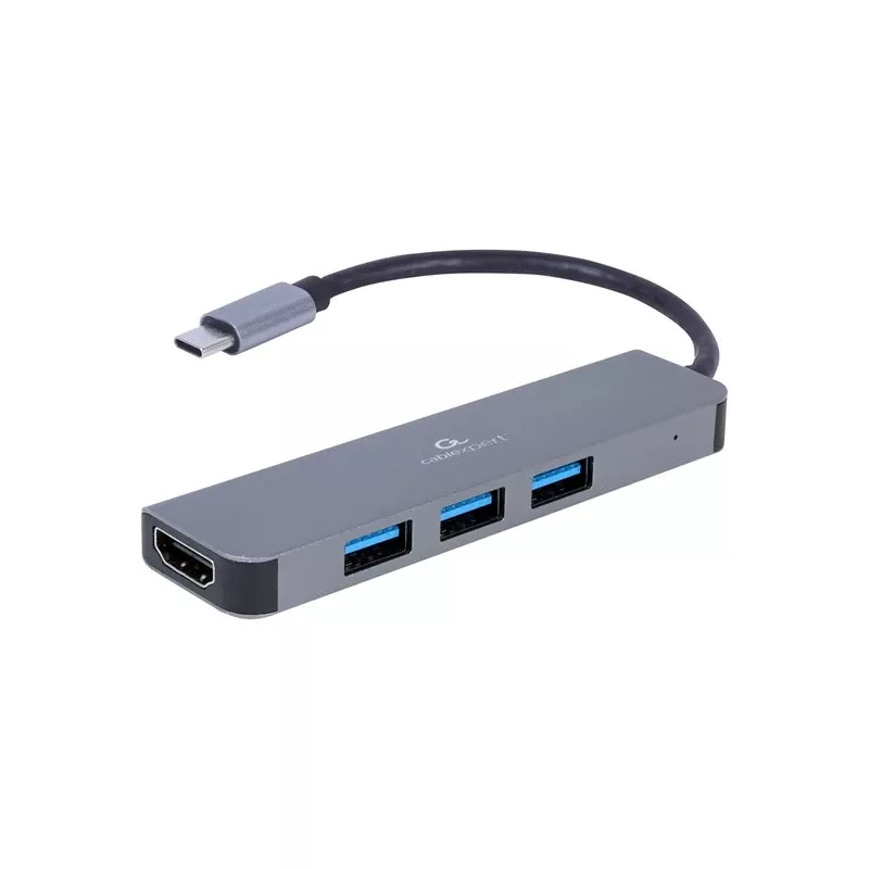 USB-C dokas nešiojamam kompiuteriui GEMBIRD A-CM-COMBO2-01 — USB 3.2 Gen 1 Type-C, 3× USB-A, 1× HDMI, pilka