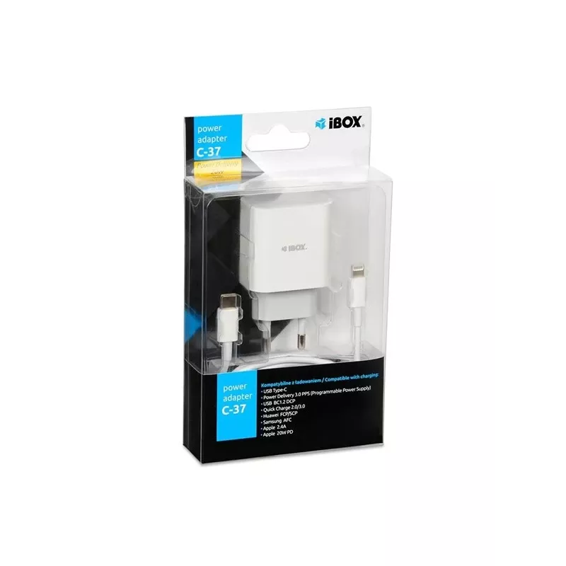 Vidinis USB-C greitasis įkroviklis IBOX C-37, 20 W, USB-C PD 3.0, 3 A išėjimas, baltas