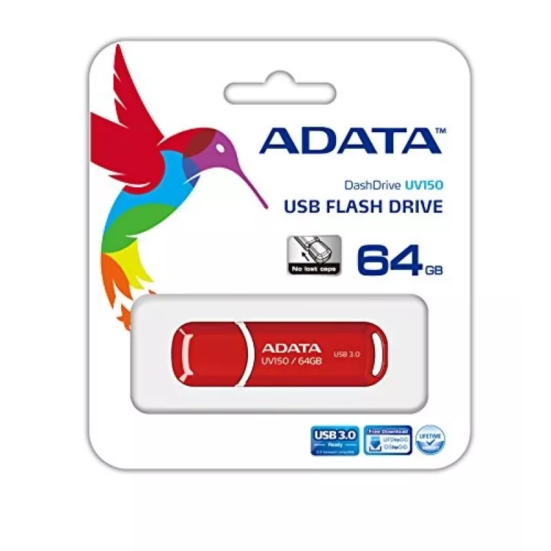 USB atmintukas ADATA DashDrive UV150 64 GB, USB Type-A 3.2 Gen 1, raudonas, su dangteliu