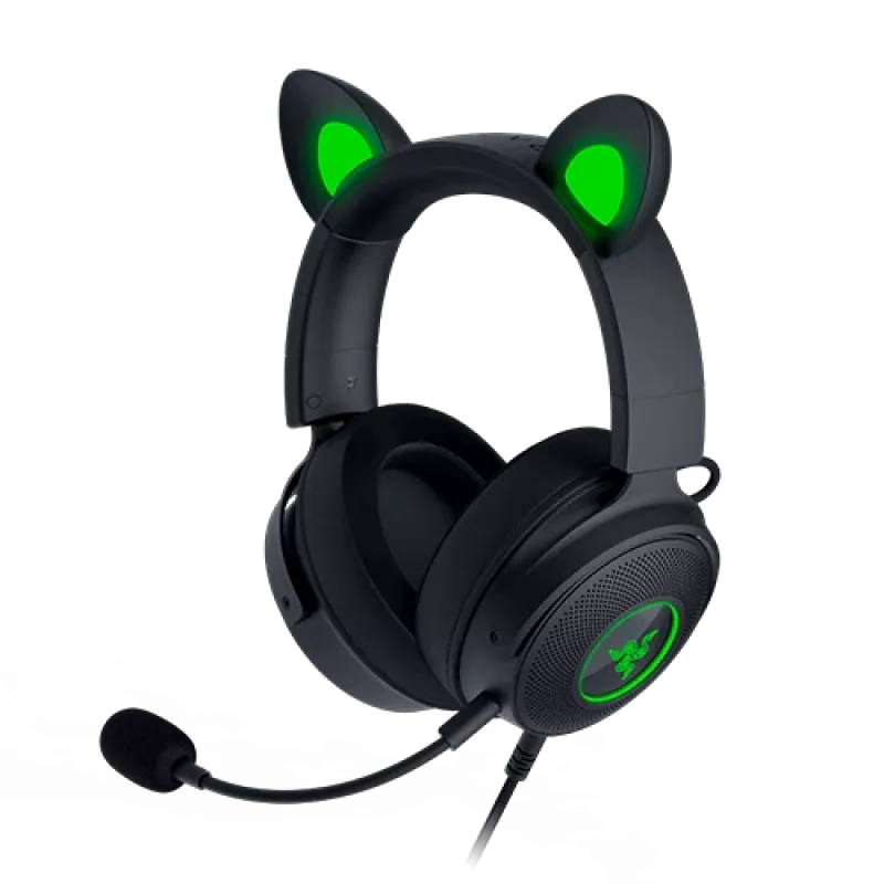Razer Kraken V2 Pro Kitty Edition, laidinis, uždedamas ant galvos, juodas, žaidimų ausinių rinkinys