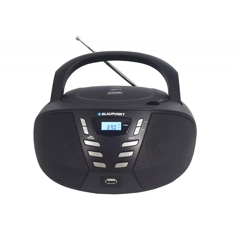 Nešiojamas CD grotuvas Blaupunkt BB7BK – MP3, FM radijas, USB, AUX, maitinimas baterijomis, 2× įmontuoti garsiakalbiai, 240×230×128 mm