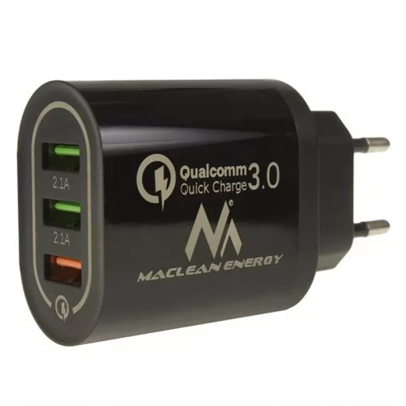 USB sieninis įkroviklis MACLEAN MCE479B – 3x USB prievadai, 18 W bendra galia, kompaktiškas
