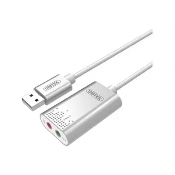 Garso keitiklis Unitek Y-247A, sidabrinis, USB Type-A jungtis, kompaktiškas 12×28×46 mm