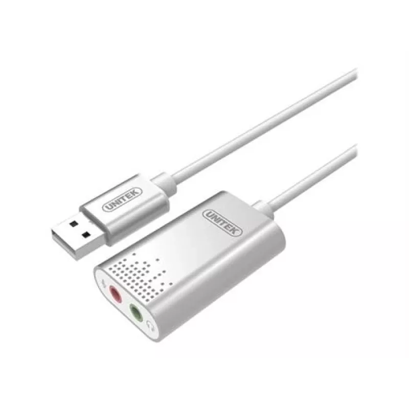 Garso keitiklis Unitek Y-247A, sidabrinis, USB Type-A jungtis, kompaktiškas 12×28×46 mm