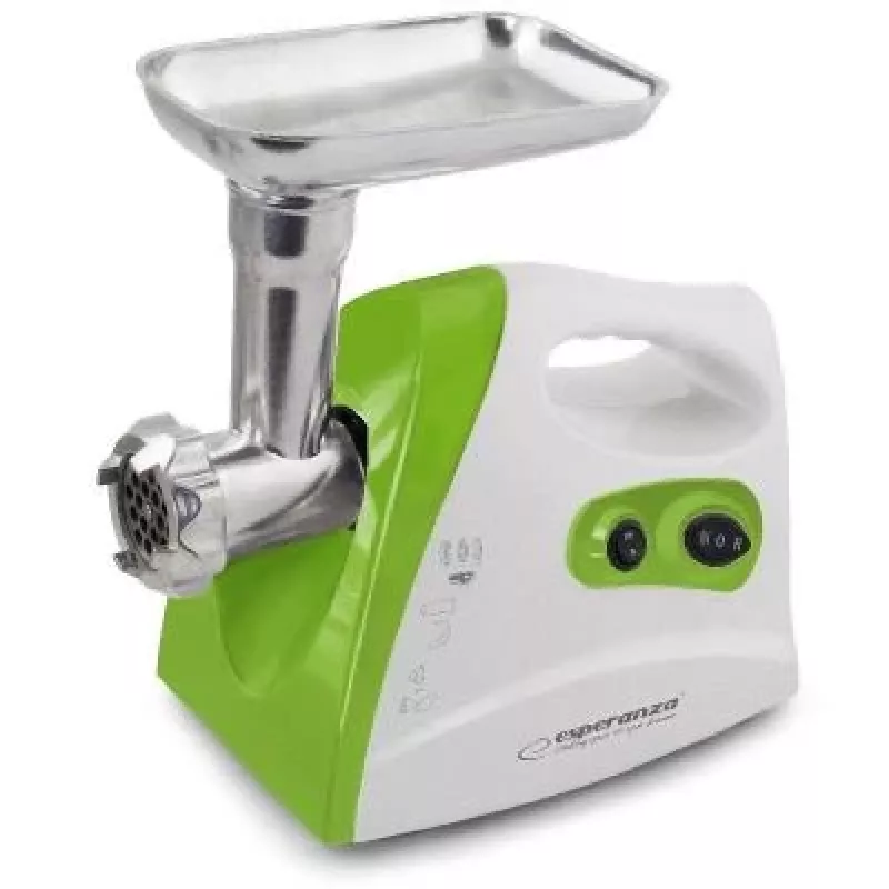 Mėsmalė ESPERANZA EKM012G — 600 W, nerūdijančio plieno peilis, dešrų antgalis, kebabo antgalis, reversas, neslystančios kojelės, balta/žalia