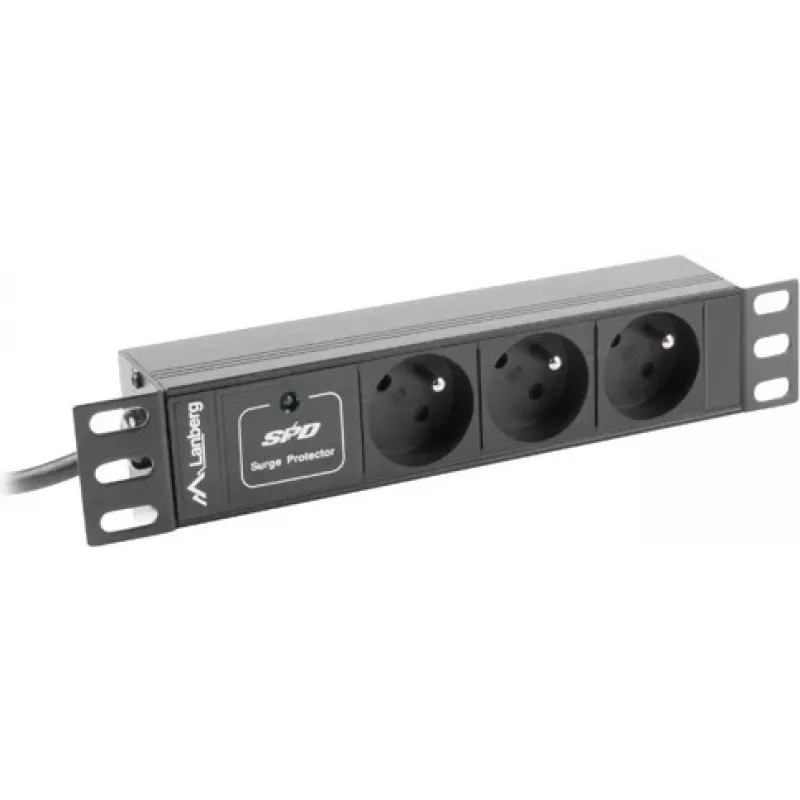Maitinimo paskirstymo blokas LANBERG PDU-03E-0200-BK — 1U, 3x E tipo lizdai, 220–250 V, 16 A, 2 m kabelis, juodas