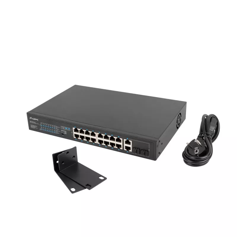 Nevaldomas komutatorius LANBERG RSFE-16P-2C-150 — 18 prievadų Gigabit, 16 PoE+/2 SFP, 150 W bendra galia, 1U stovas, metalinis, juodas