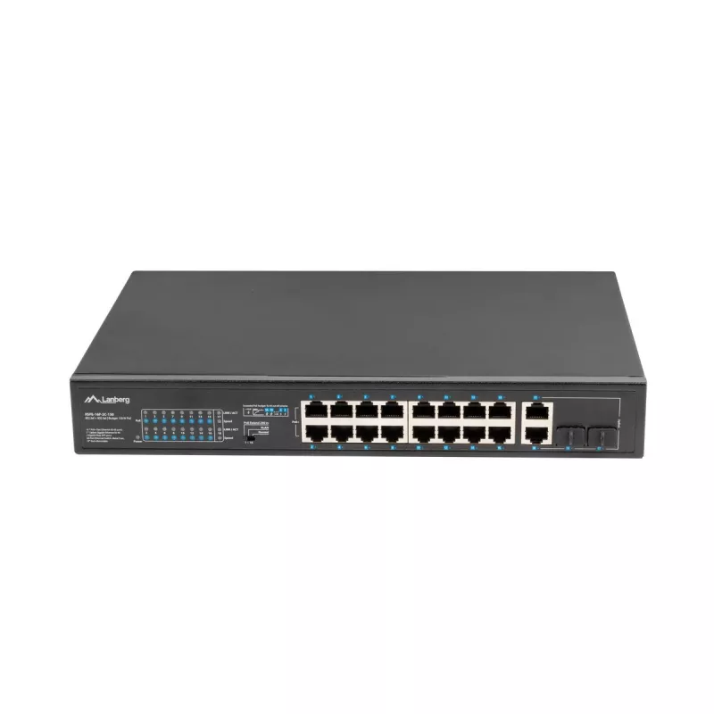 Nevaldomas komutatorius LANBERG RSFE-16P-2C-150 — 18 prievadų Gigabit, 16 PoE+/2 SFP, 150 W bendra galia, 1U stovas, metalinis, juodas
