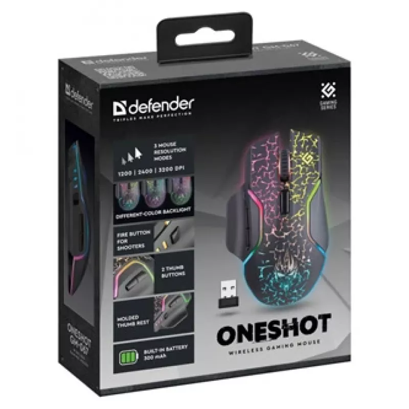 Defender Oneshot GM-067 Belaidė žaidimų pelė, dešinei rankai, RF + USB, pilka