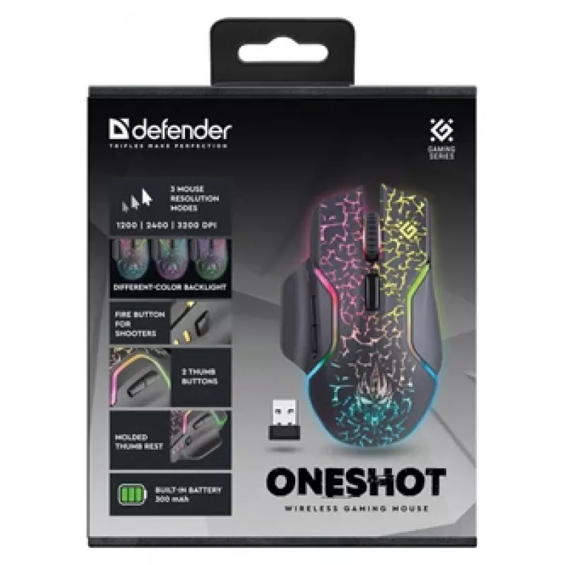 Defender Oneshot GM-067 Belaidė žaidimų pelė, dešinei rankai, RF + USB, pilka
