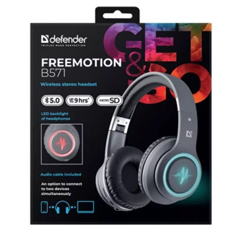 Ausinės DEFENDER FREEMOTION B571 LED belaidės dvikanalės, 4 cm tvarkyklės, 6–8 h baterija, uždaras akustinis, 20–20000 Hz
