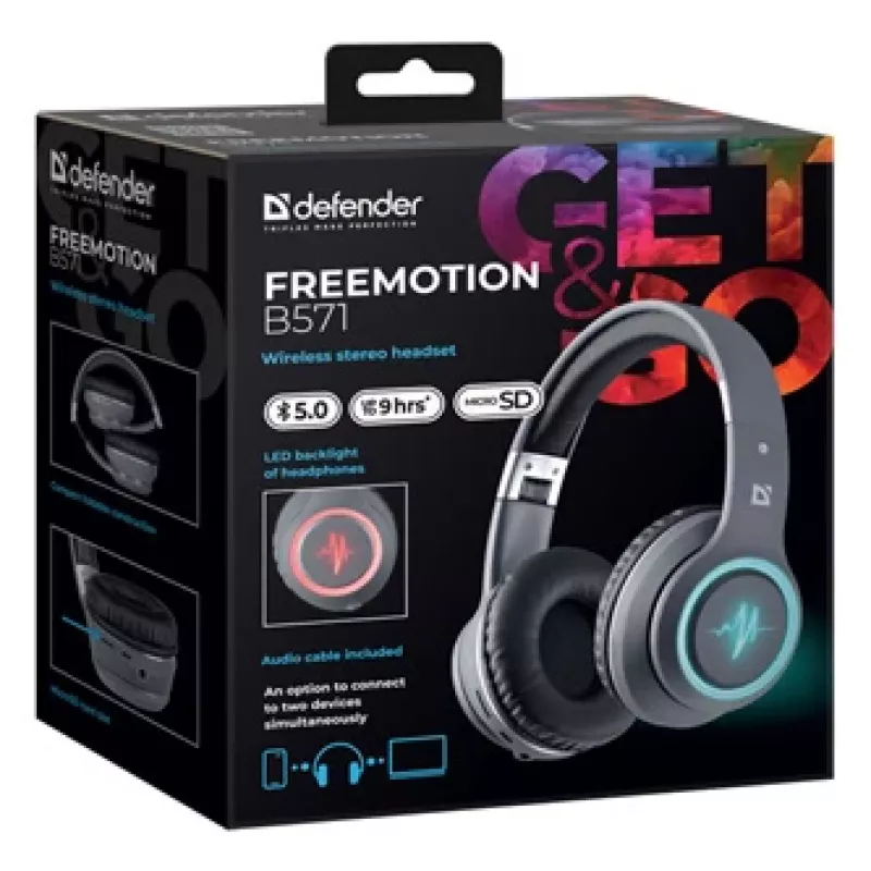 Ausinės DEFENDER FREEMOTION B571 LED belaidės dvikanalės, 4 cm tvarkyklės, 6–8 h baterija, uždaras akustinis, 20–20000 Hz