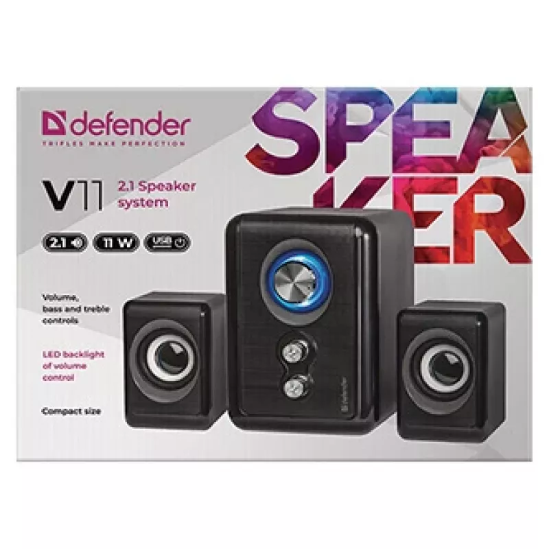 DEFENDER V11 11 W laidiniai 2.1 staliniai garsiakalbiai, USB 5 V, juodi