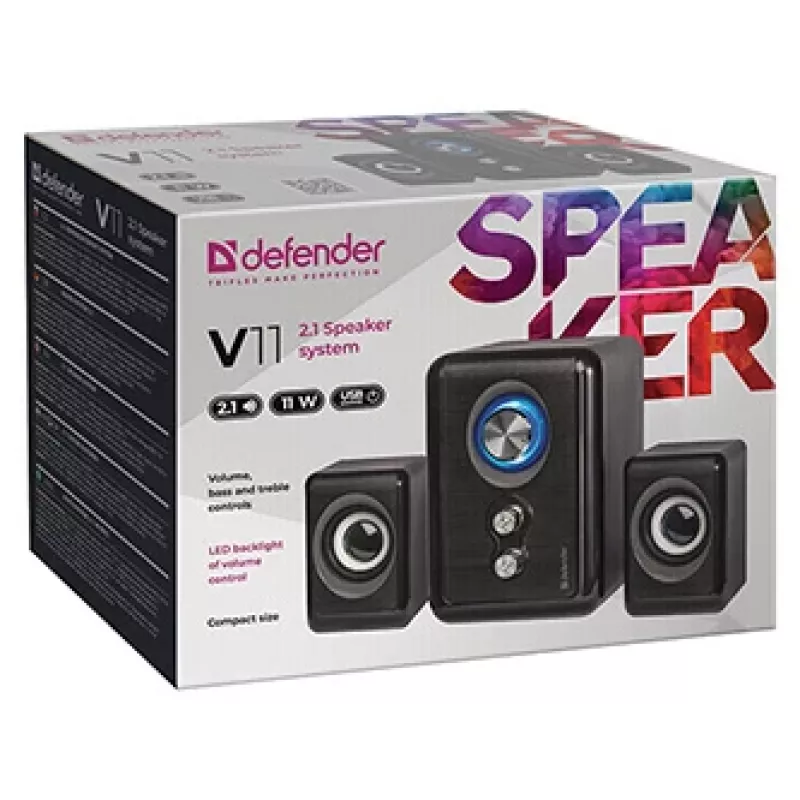 DEFENDER V11 11 W laidiniai 2.1 staliniai garsiakalbiai, USB 5 V, juodi