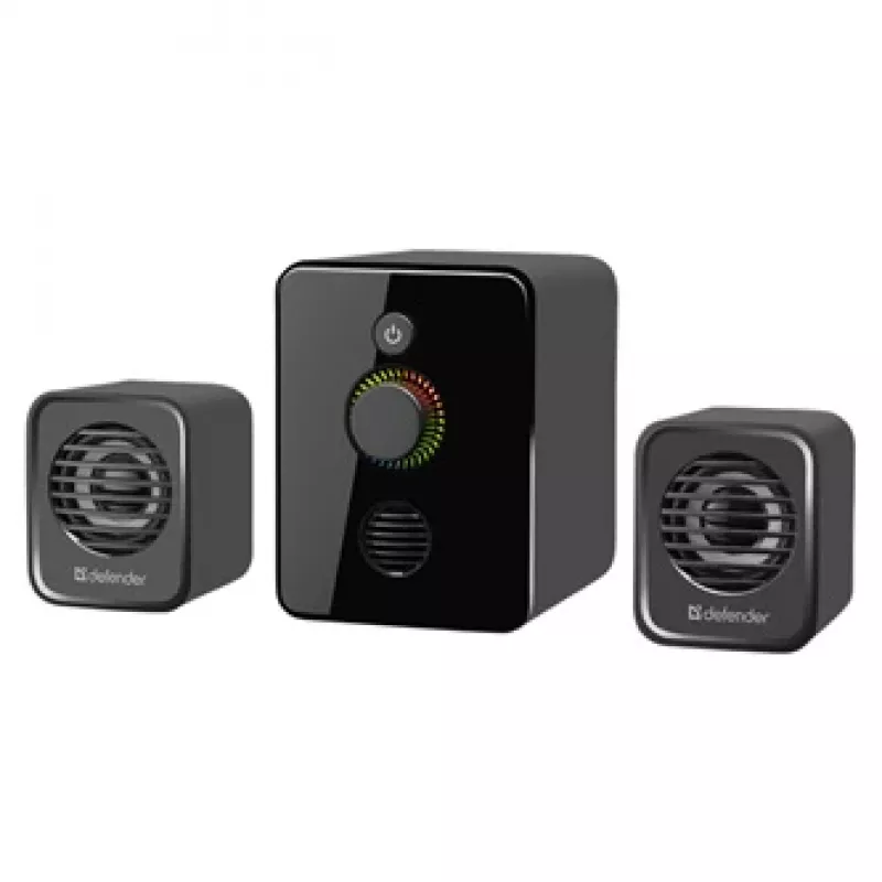 Defender V12 65212 2.1 garsiakalbių komplektas kompiuteriui, 11 W, 5 W žemųjų dažnių garsiakalbis, maitinimas per USB, LED apšvietimas, juodas, 115 x 130 x 223 mm