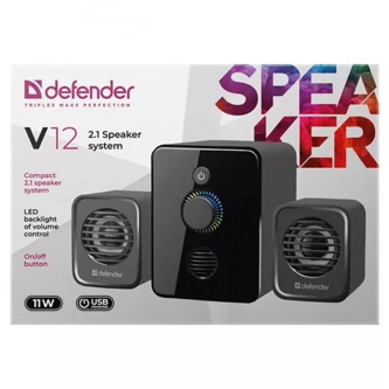 Defender V12 65212 2.1 garsiakalbių komplektas kompiuteriui, 11 W, 5 W žemųjų dažnių garsiakalbis, maitinimas per USB, LED apšvietimas, juodas, 115 x 130 x 223 mm
