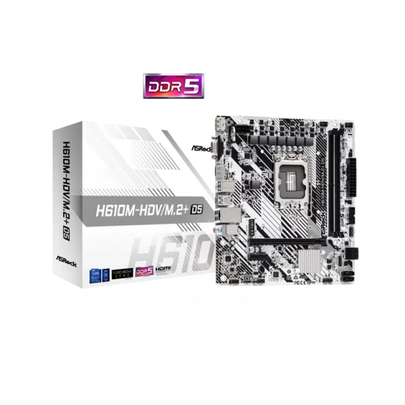 Motininė plokštė ASRock H610M-HDV/M.2+ D5 — Intel H610, LGA 1700, microATX, 2× DDR5 DIMM, M.2, HDMI 2.1, DP 1.4