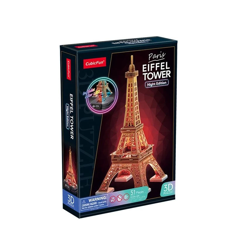 3D dėlionė Cubicfun Eifelio bokštas Night Edition LED 306-L534H – apšviestas architektūrinis 3D modelis