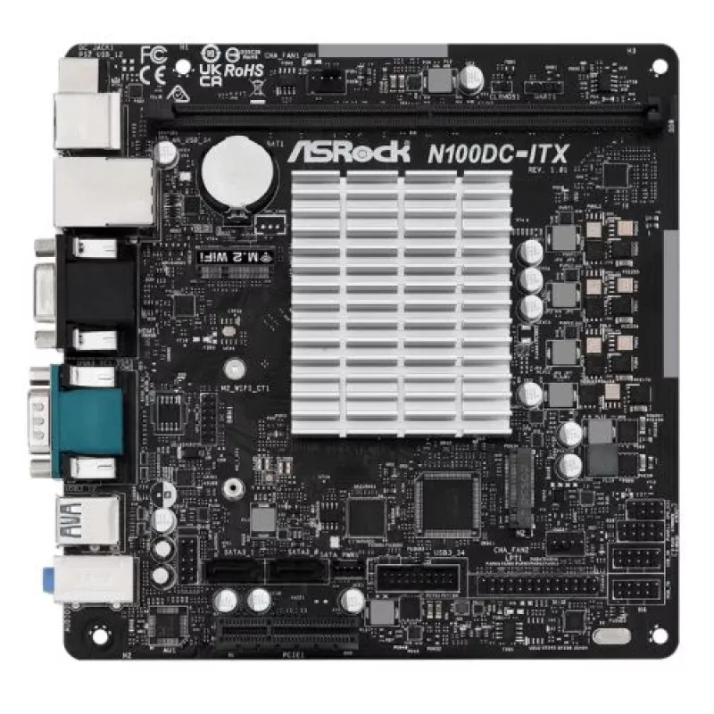 ASRock N100DC-ITX pagrindinė plokštė su integruotu Intel N100 procesoriumi, Mini ITX, DDR4, 2x SATA3, M.2