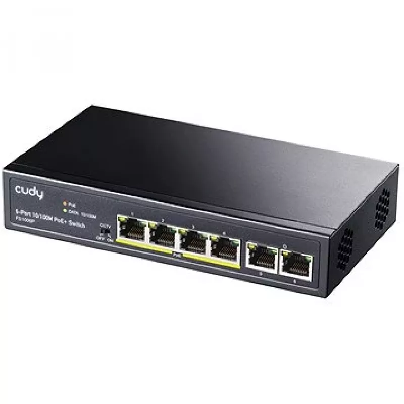 Tinklo jungiklis Cudy FS1006P Fast Ethernet 6 prievadų (4 PoE, 1 PoE+) 10/100 Mbps, 1,2 Gbit/s pralaidumas, metalinis korpusas, montavimas stove/sienoje/ant stalo