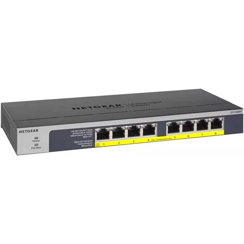 NETGEAR GS108PP nevaldomas gigabitinis Ethernet (10/100/1000) jungiklis su PoE, juodas