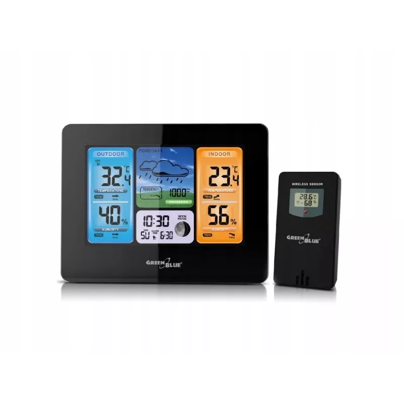 Skaitmeninė orų stotelė GreenBlue GB526 juoda – vidaus -20…60°C, lauko -40…70°C, drėgmė -20…95%, laikrodis, mėnulio fazė