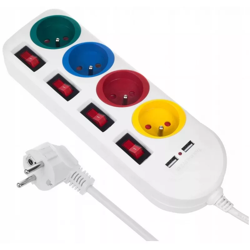 Maitinimo blokas MACLEAN MCE229W — 4 lizdai, 2× USB, 1,5 m laidas, F tipo, 10 A, baltas