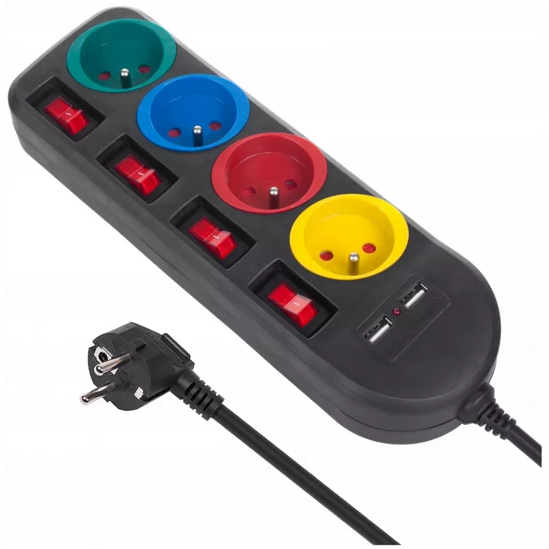 Maitinimo blokas MACLEAN MCE229B – 4 kištukiniai lizdai, 2× USB-A, 1,5 m laidas, 10 A, F tipas, vidaus patalpoms, juoda
