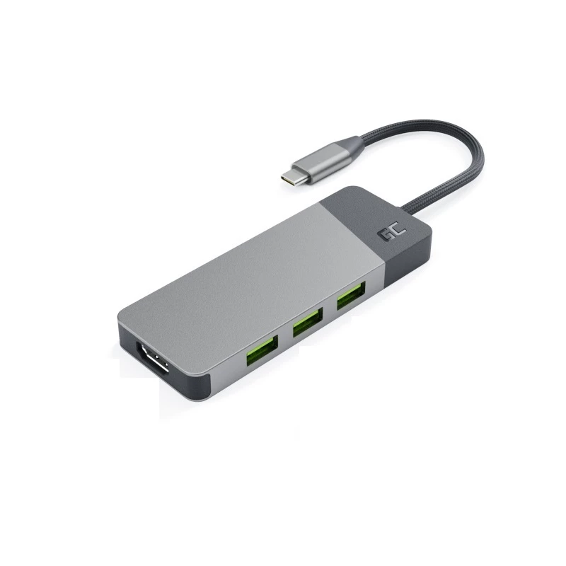 USB Type-C stotelė Green Cell HUBGC01 — 7 prievadai: 3×USB-A 3.2 Gen 1, 1×USB-C 3.2 Gen 1, HDMI, microSD+SD kortelių skaitytuvas — sidabrinė