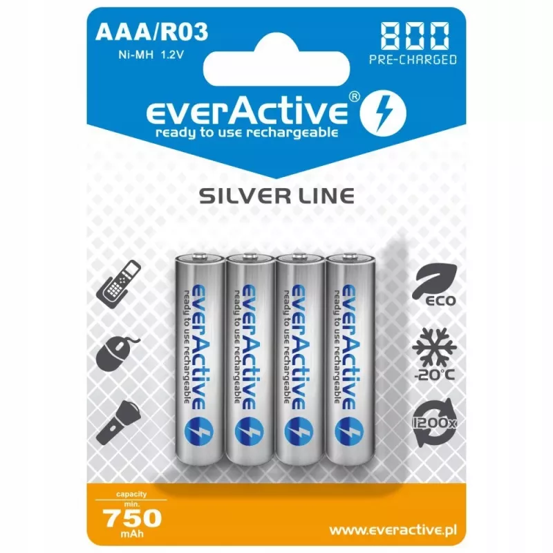 Įkraunamos AAA NiMH baterijos everActive EVHRL03-800 – 1,2 V, 4 vnt., cilindrinės 44,5×10,5 mm