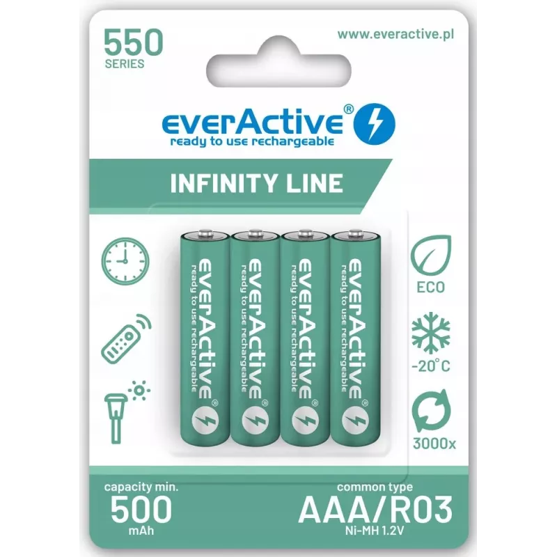 Įkraunamos AAA NiMH baterijos everActive EVHRL03-550 1,2V 550mAh 4 vnt., cilindrinės R03