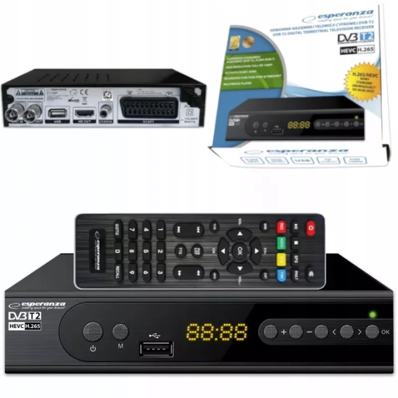 Set-top dėžutė ESPERANZA EV106R kabelinis imtuvas DVB-T2 / DVB-C HEVC H.265, HDMI, USB, PVR, Dolby Digital, 174–790 MHz, juoda