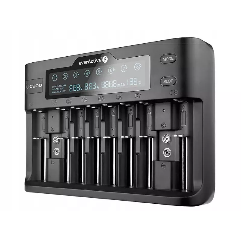 Įkroviklis baterijoms everActive UC-800 AC 12V 3A – LiFePO4/LiPo/NiMH, AA/AAA/9V, iki 10 baterijų, 12 V įėjimas, ekranas, juodas