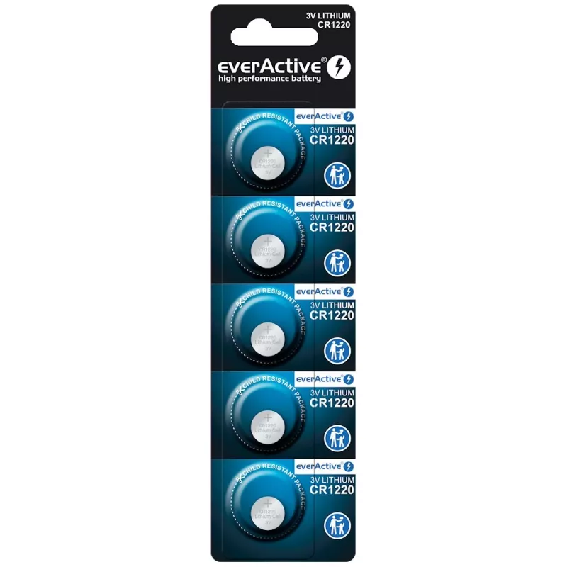 Butoninė ličio baterija everActive CR1220 — 3V, 40 mAh, 12,5×2 mm, vienkartinė, 5 vnt.