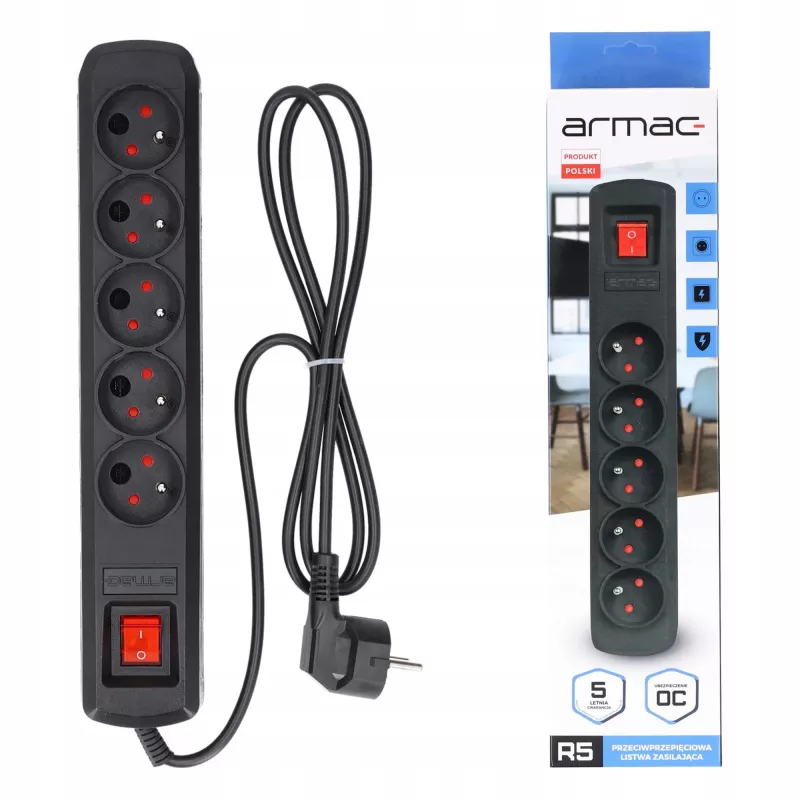 Maitinimo blokas ARMAC R5 — 5 lizdai, 5 m laidas, juodas