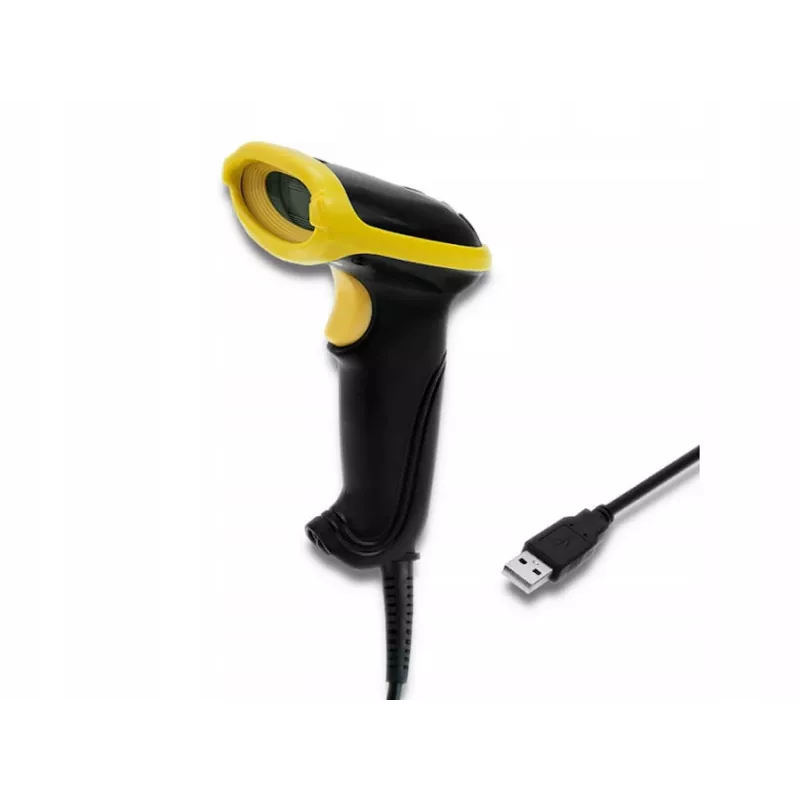 Rankinis brūkšninių kodų skaitytuvas QOLTEC 50867 — 1D/2D lazerinis, USB laidinis, 600 mm diapazonas, geltona/juoda