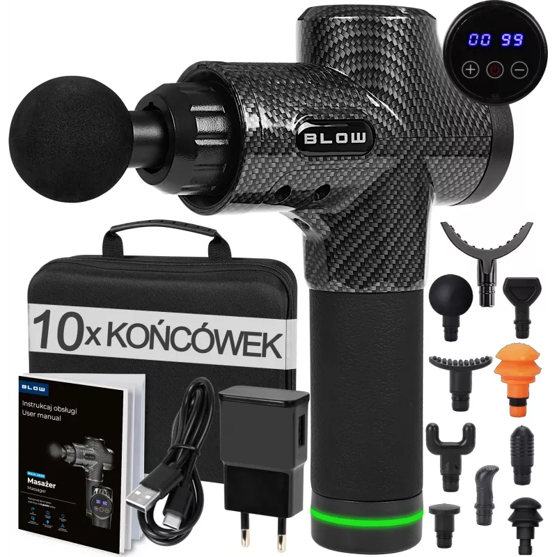 BLOW Wave 4000 44-340# raumenų masažo pistoletas, 30 greičių, 10 antgalių, 100 W, LCD jutiklinis ekranas, USB-C, juodas