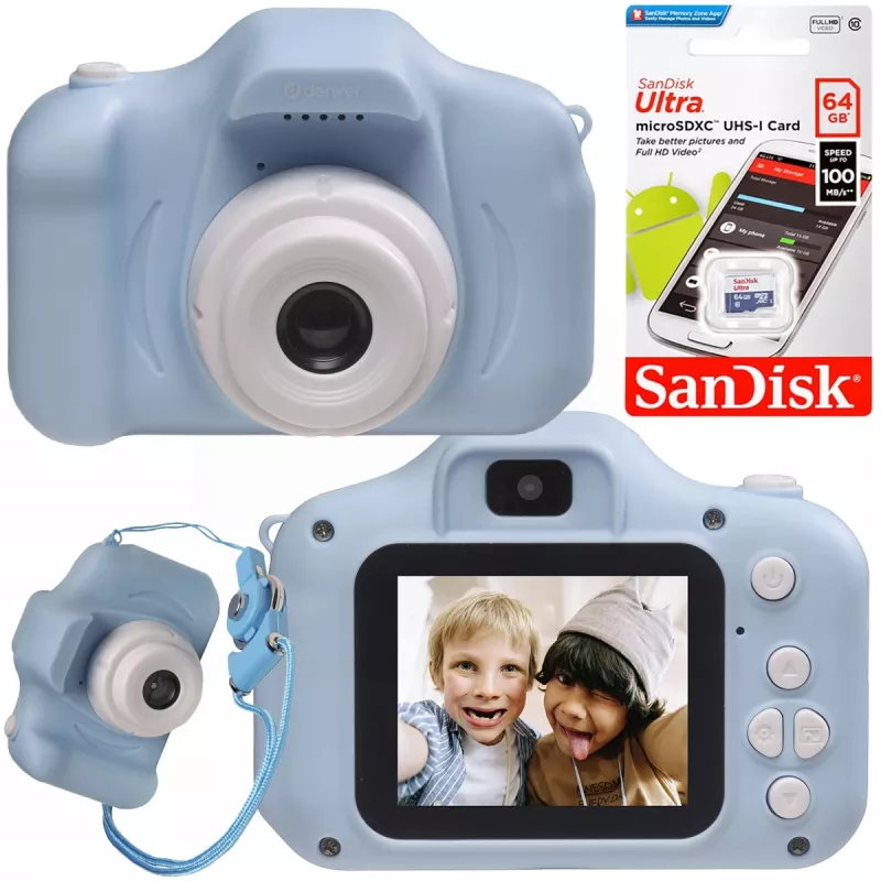 Vaikų skaitmeninis fotoaparatas Denver KCA-1340BU su žaidimais ir 64GB atminties kortele