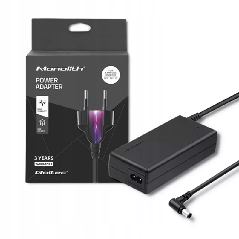 Qoltec 51773 kintamosios srovės maitinimo adapteris Samsung monitoriams, 42 W, 14 V 3 A, 6,5x4,4 mm kištukas, įėjimas 220–240 V 50/60 Hz