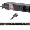 Maitinimo skirstytuvas LANBERG PDU-06E-0200-BK — 6x E tipo lizdai, 16 A, 2 m laidas, 1U stelažas, 220–250 V