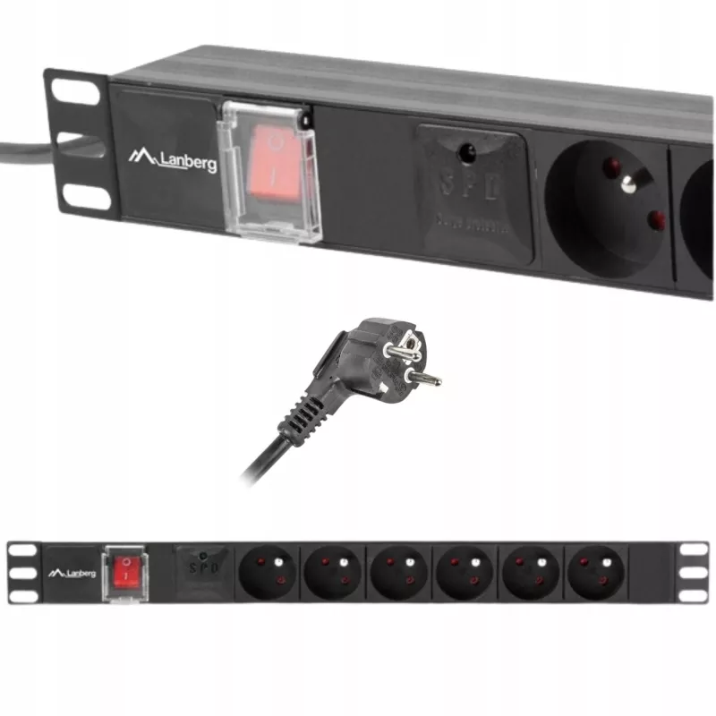 Maitinimo skirstytuvas LANBERG PDU-06E-0200-BK — 6x E tipo lizdai, 16 A, 2 m laidas, 1U stelažas, 220–250 V