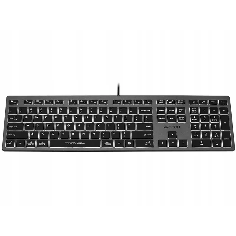Laidinė klaviatūra A4Tech FX60H USB QWERTY – pilno dydžio 100%, balta foninė šviesa, pilka, USB šakotuvas