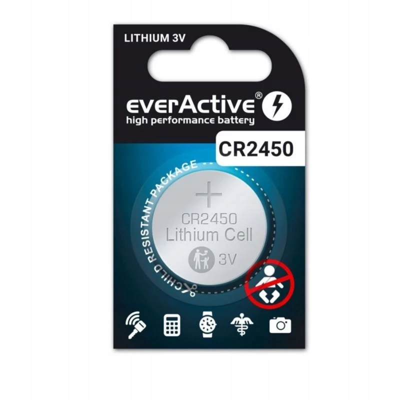 Ličio moneta/plokščia baterija everActive CR2450, 3 V, 5 mm aukštis – pakuotė 5 vnt.