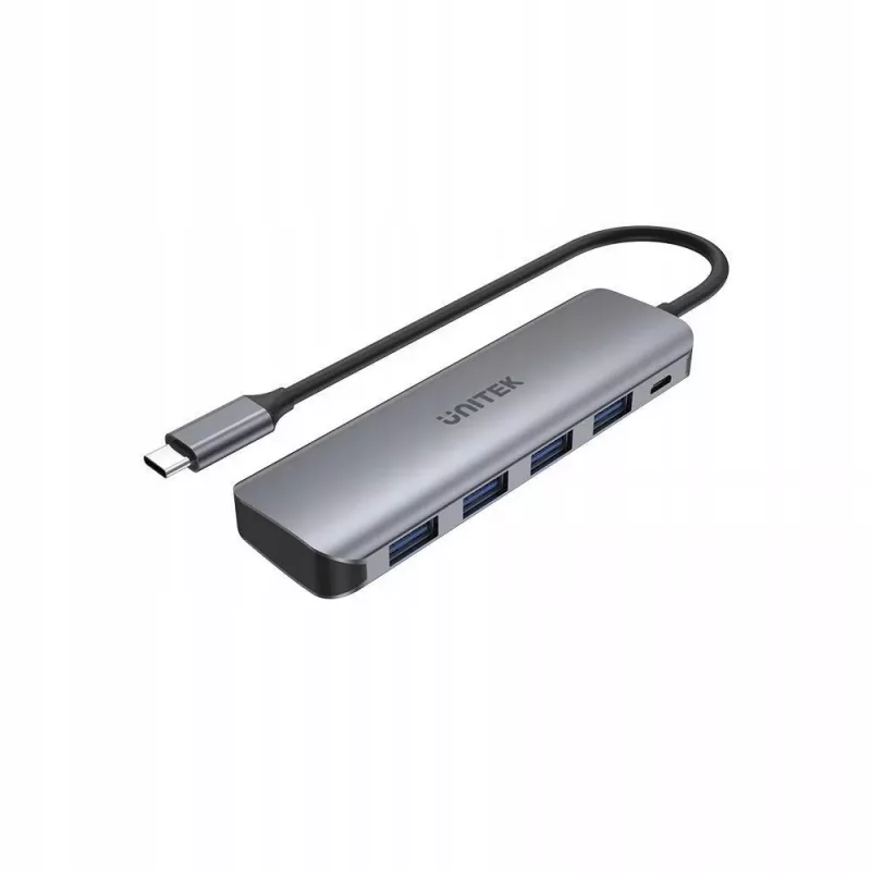 USB šakotuvas Unitek P5+ H1107A — 4 × USB-A 3.2 Gen 2, USB-C 3.2 Gen 1, 5 Gbit/s, 10 W PD, aliuminis, pilkas
