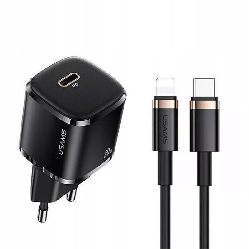 usams Phone Charger T36 1x USB-C + Lightning PD — kompaktiškas PD įkroviklis su USB-C ir Lightning jungtimis