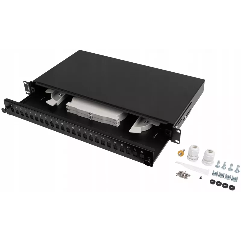 Paskirstymo dėžė šviesolaidinei 1U 24xSC Simplex / 24xLC Duplex Rack 19 inch juoda