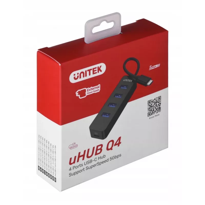USB šakotuvas Unitek uHUB Q4 — 4 prievadų USB 3.2 Gen 1 (Type-A) šakotuvas, USB-C pagrindinis prievadas, 5 Gbit/s, 10 W, juodas