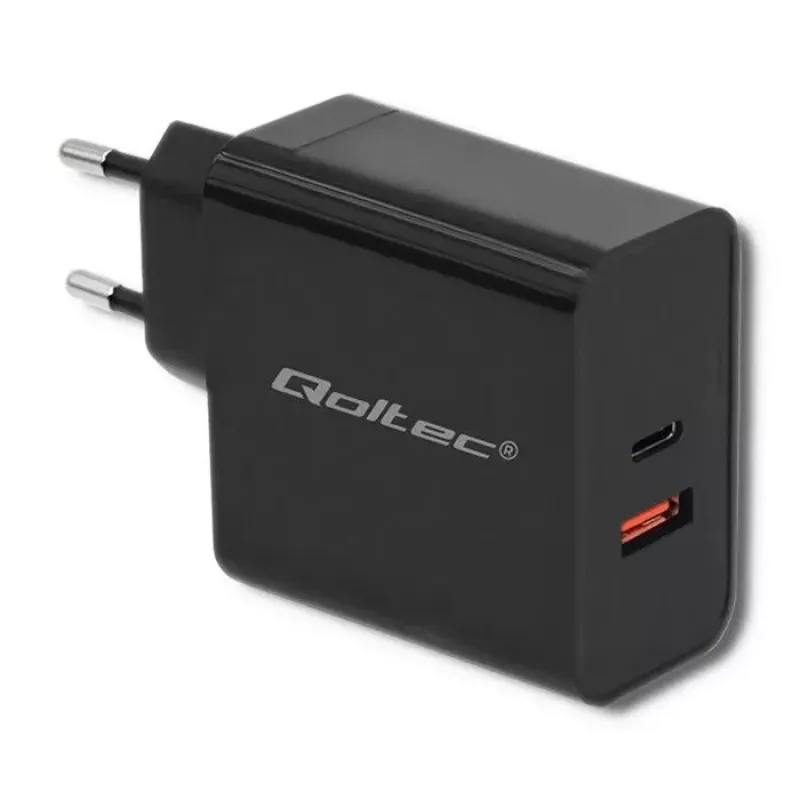 Qoltec 51716 sieninis įkroviklis 63 W, USB-C PD + USB QC 3.0, 5-20 V 1,5-3 A, juodas