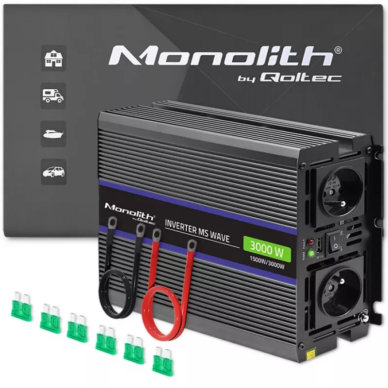 QOLTEC Monolith 3000 MS Wave keitiklis, 12V→230V, 1500/3000W, su USB