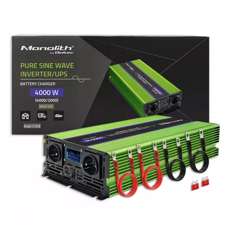 Qoltec Monolith įtampos keitiklis | Baterijos įkrovimas | UPS | 2000W | 4000W | 12V į 230V | Grynas sinusas | LCD juodas-žalias